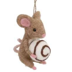 ORN WOOL BAKERY MOUSE 4.5″ BROWN/WHITE HOLDING A CANDY