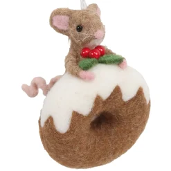 ORN WOOL BAKERY MOUSE 3.5″ BROWN/WHITE ON A DONUT