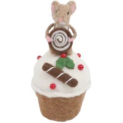 ORN WOOL BAKERY MOUSE 6.5″ BROWN/WHITE MOUSE ON A CUP CAKE