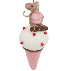 ORN WOOL BAKERY MOUSE 9″ BROWN/WHITE ON AN ICE CREAM