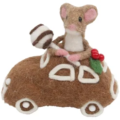 ORN WOOL BAKERY MOUSE BAKERY TABLE DECOR 4.5″ BROWN/WHITE ON A CAR