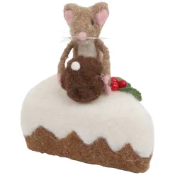 ORN WOOL BAKERY MOUSE TABLE DECOR 4.5″ BROWN/WHITE ON A CHEESE