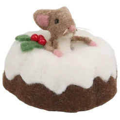 ORN WOOL BAKERY MOUSE TABLE DECOR 3.5″ BROWN/WHITE ON A CAKE