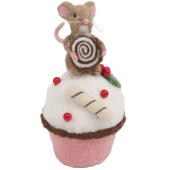 ORN WOOL BAKERY MOUSE TABLE DECOR 6.5″ BROWN/WHITE ON A CUP CAKE