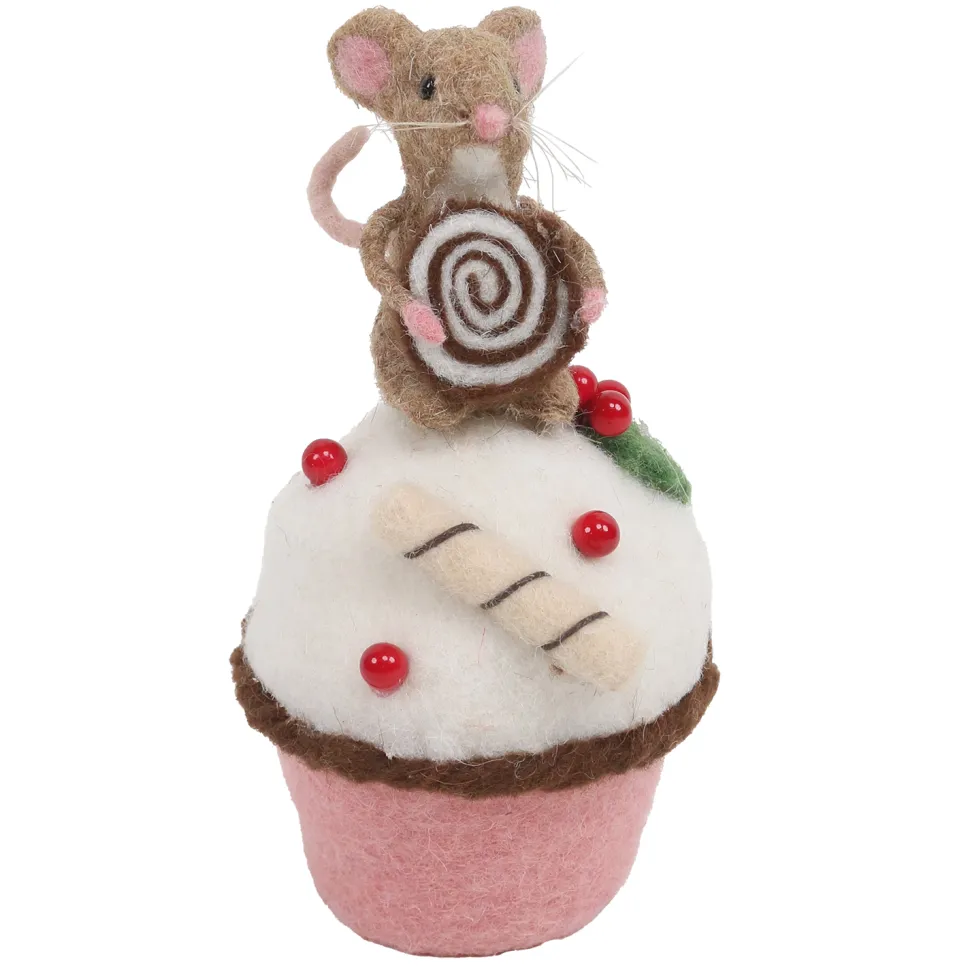 ORN WOOL BAKERY MOUSE TABLE DECOR 6.5″ BROWN/WHITE ON A CUP CAKE