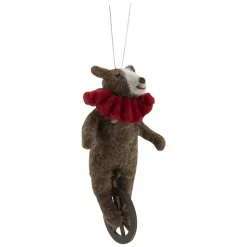 ORN WOOL BEAR 6″ BROWN W/ RED SCARF ON UNICYCLE