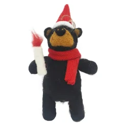 ORN WOOL BEAR 6″X4″X3″ BLACK W/ SANTA HAT&SCARF