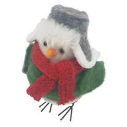 ORN WOOL BIRD 4″X5″X6″ W/ GRAY HAT&RED SCARF