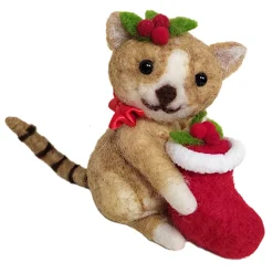 ORN WOOL CAT 4″ W RED STOCKING