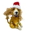ORN WOOL DOG SITTING W/ LIGHTS & SANTA HAT 4.5″ RED/BROWN