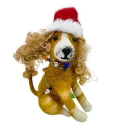 ORN WOOL DOG SITTING W/ LIGHTS & SANTA HAT 4.5″ RED/BROWN