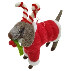 ORN WOOL DOG STANDING W/ CANDY CANE & HOLLY 4.5″ RED/GREEN