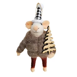 ORN WOOL MOUSE 5.5″ BROWN FUR COAT WITH CHRISTMAS TREE