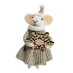 ORN WOOL MOUSE 6″ GREEN DRESS W/ WOODEN SNOWFLAKE