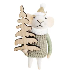 ORN WOOL MOUSE 6″ GREEN SWEATER WITH WOODEN CHRISTMAS TREE