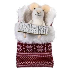 ORN WOOL MOUSE 5″ READING IN BED RED NORDIC PRNT