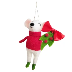ORN WOOL MOUSE 5″ W/ RED BOW