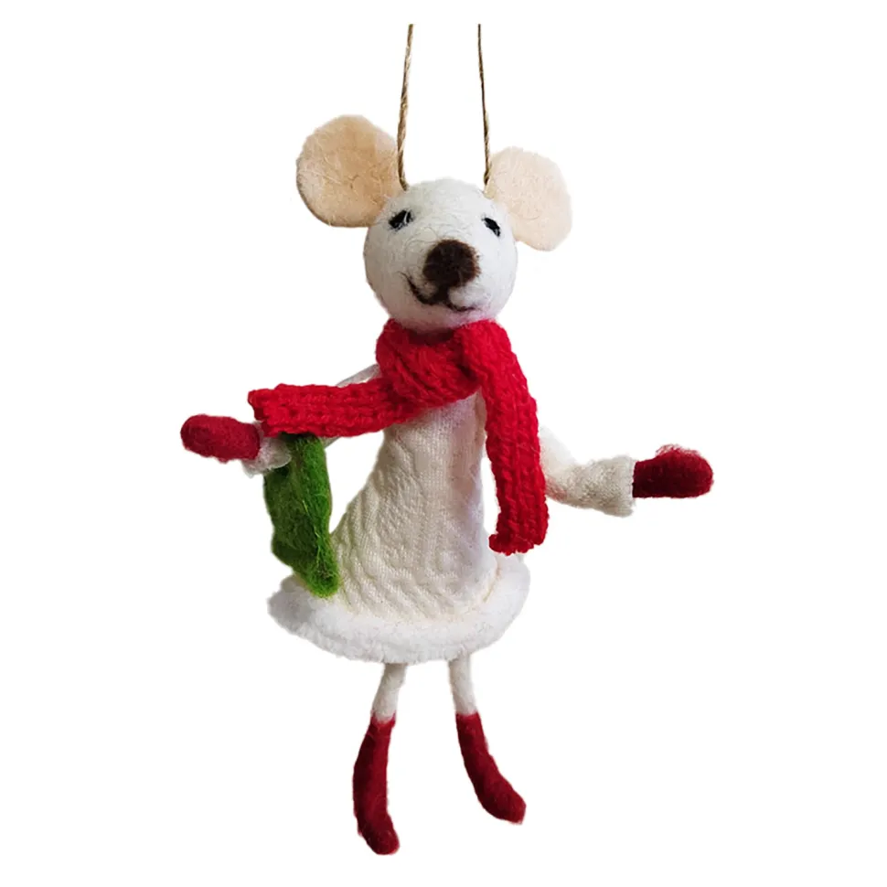 ORN WOOL MOUSE 5.5″ W/ RED SCARF & HANDBAG