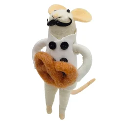 ORN WOOL MOUSE CHEF HOLDING PRETZEL 4.5″ BROWN/WHITE