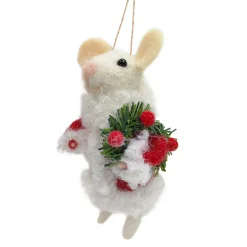 ORN WOOL MOUSE HOLDING A WREATH 4.5″ RED/WHITE