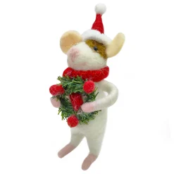 ORN WOOL MOUSE HOLDING A WREATH 5.5″ RED/WHITE