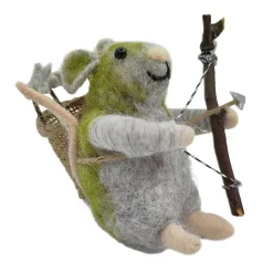 ORN WOOL MOUSE HOLDING BOW & ARROW 4″ GREEN/GREY