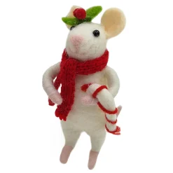 ORN WOOL MOUSE HOLDING CANDY CANE 4.5″ RED/WHITE