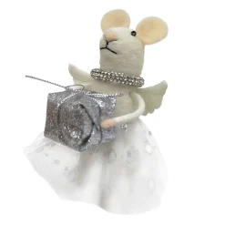 ORN WOOL MOUSE HOLDING GIFTBOX 5″ SILVER/WHITE