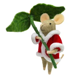 ORN WOOL MOUSE HOLLY LEAF 6″ RED/GREEN