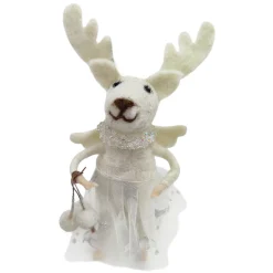 ORN WOOL MOUSE REINDEER W/ SKIRT 6.5″ ICED/WHITE