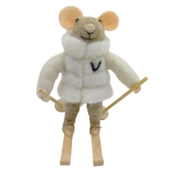 ORN WOOL MOUSE SKIING 4.5″ CREAM/GREY