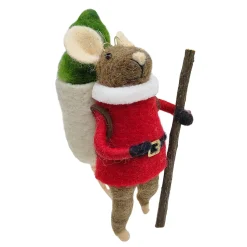 ORN WOOL MOUSE W/ BAGPACK & TREE 5″ GREY/GREEN