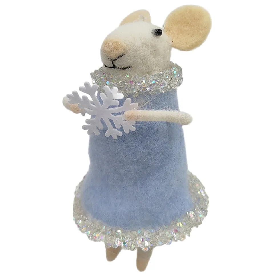 ORN WOOL MOUSE W/ SKIRT & SNOWFLAKE 4.5″ ICED BLUE