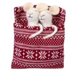 ORN WOOL MOUSEx2 5″ SLEEPING IN BED RED NORDIC PRINT