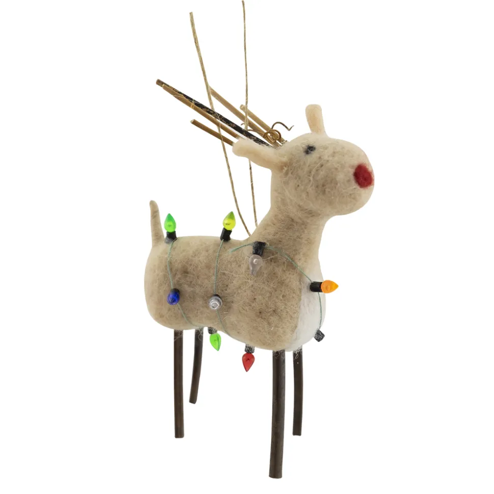 ORN WOOL REINDEER 6″ BEIGE W/ MULTI COLOR LIGHT STRINGS