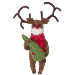 ORN WOOL REINDEER 6.25″ BROWN W/ WOOL TREE