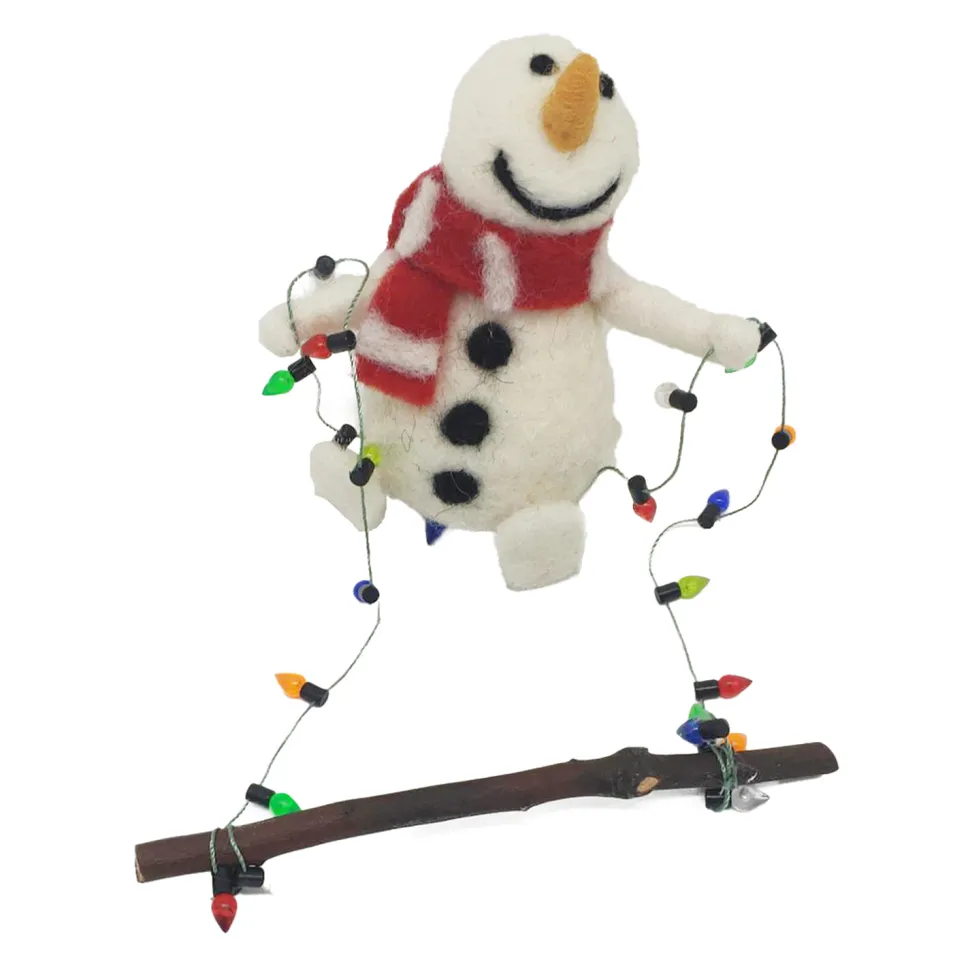 ORN WOOL SNOWMAN 6″X2″X2″ HOLDING XMAS LIGHTS MULTI