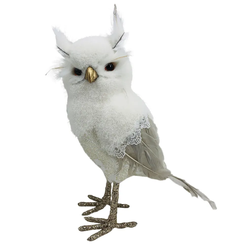 OWL WHITE/ CREAM 10.5″ STANDING W/ LACE & FEATHER