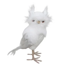 OWL WHITE/ CREAM 8.5″ STANDING W/ LACE & FEATHER