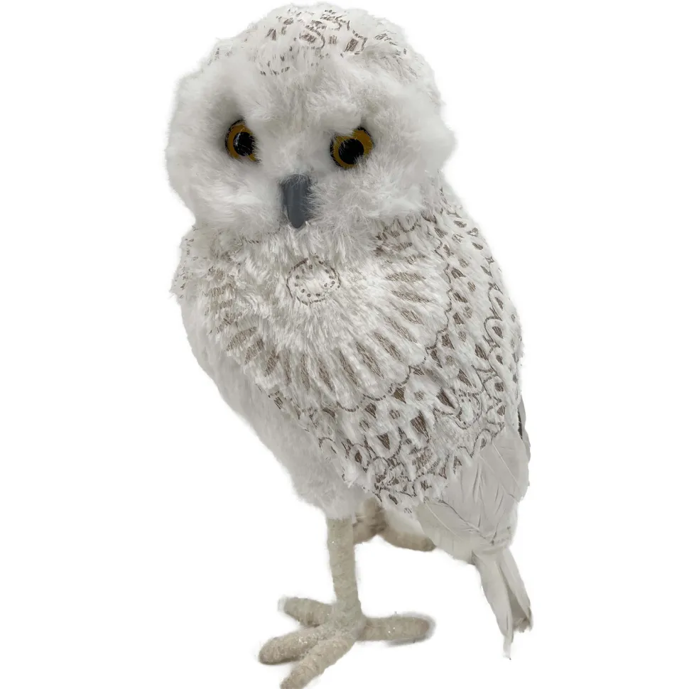 OWL WHITE STANDING FABRIC & FAUX FUR 6″x10″ W/ FEATHERS