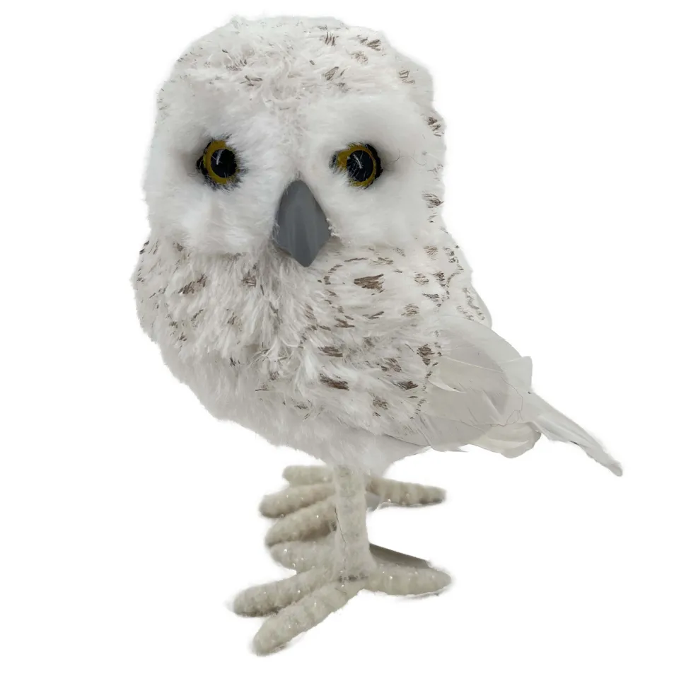 OWL WHITE STANDING FABRIC & FAUX FUR 4″x5.5″ W/ FEATHERS