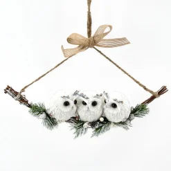 OWL WHITE 10.5″X4″ ON FROSTED BRANCH W/ HANGER 3-OWLS