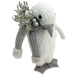 PENGUIN STANDING FAUX GRASS WHITE 5″x10.5″ W/ SCARF, FROSTED PINE & BERRIES