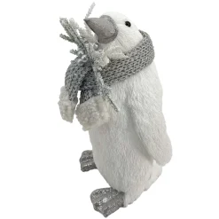 PENGUIN STANDING FAUX GRASS WHITE 6.5″x10″ W/ SCARF, FROSTED PINE & BERRIES