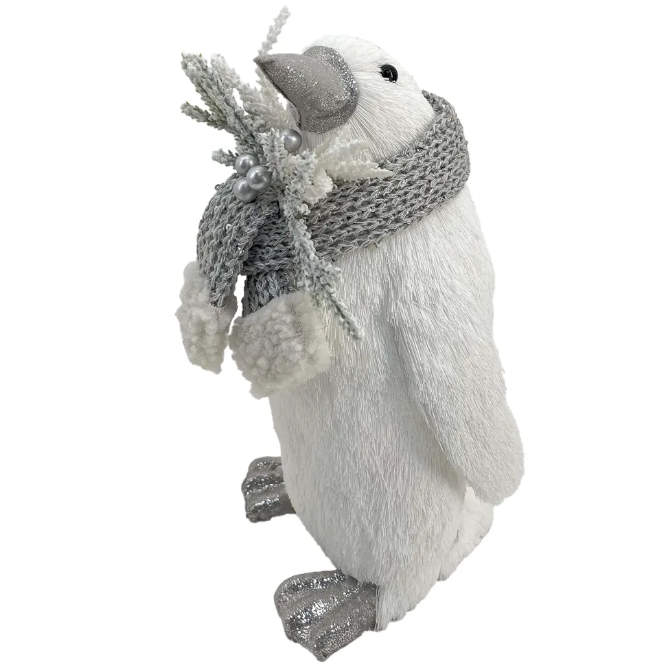 PENGUIN STANDING FAUX GRASS WHITE 6.5″x10″ W/ SCARF, FROSTED PINE & BERRIES