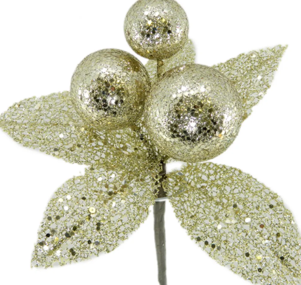PICK BALLS 8.5″ W/LEAVES CHAMPAGNE GLITTER