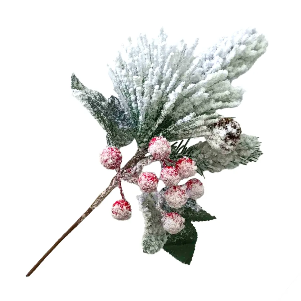 PICK GRN PINE 11″ RED BERRIES & CONES FLOCKED