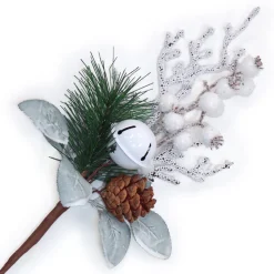 PICK ICED TWIGS & BERRIES 13.5″ GREEN/WHITE W/ PINE, CONE & BELL