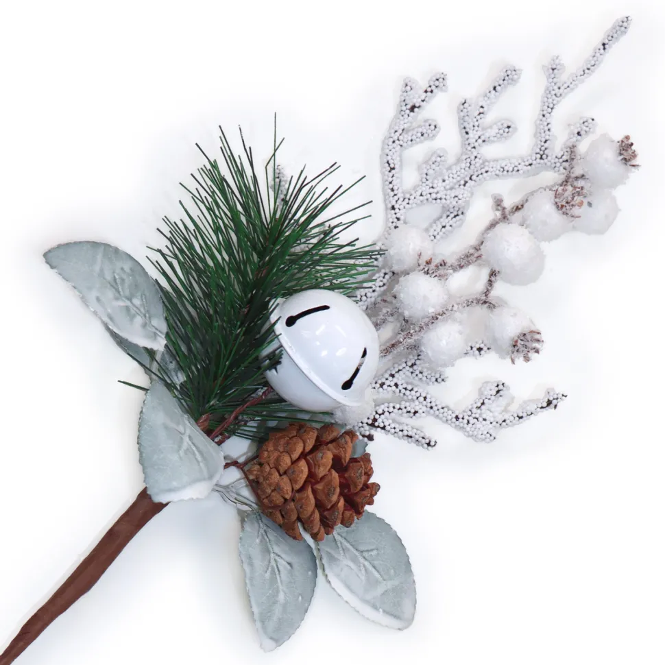 PICK ICED TWIGS & BERRIES 13.5″ GREEN/WHITE W/ PINE, CONE & BELL