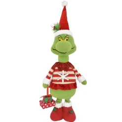PLUSH GRINCH STANDING 23″ W/ SNOWFLAKE SWEATER & GIFT RED/GREEN